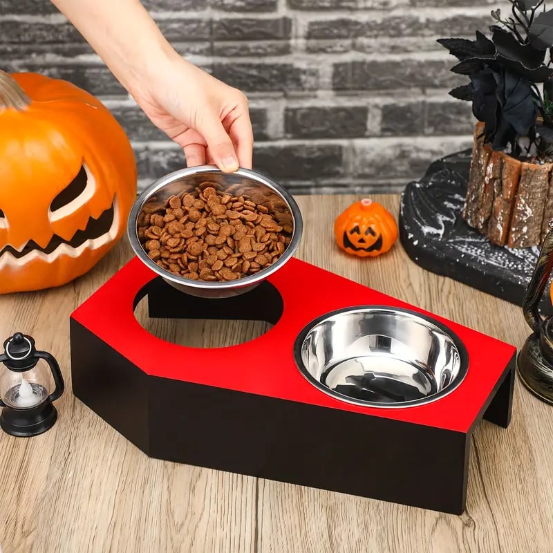 halloween gothic elevated wooden coffin stand with 2 bowls 11