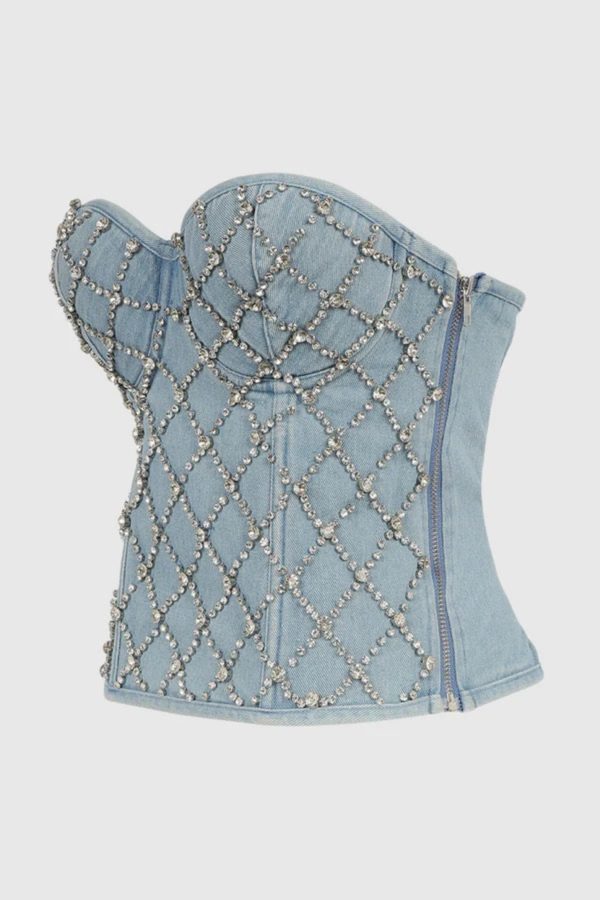 livia diamonds embellished strapless denim top 14