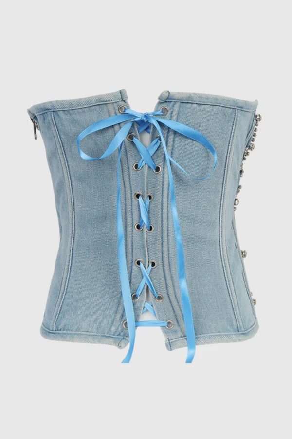 livia diamonds embellished strapless denim top 15