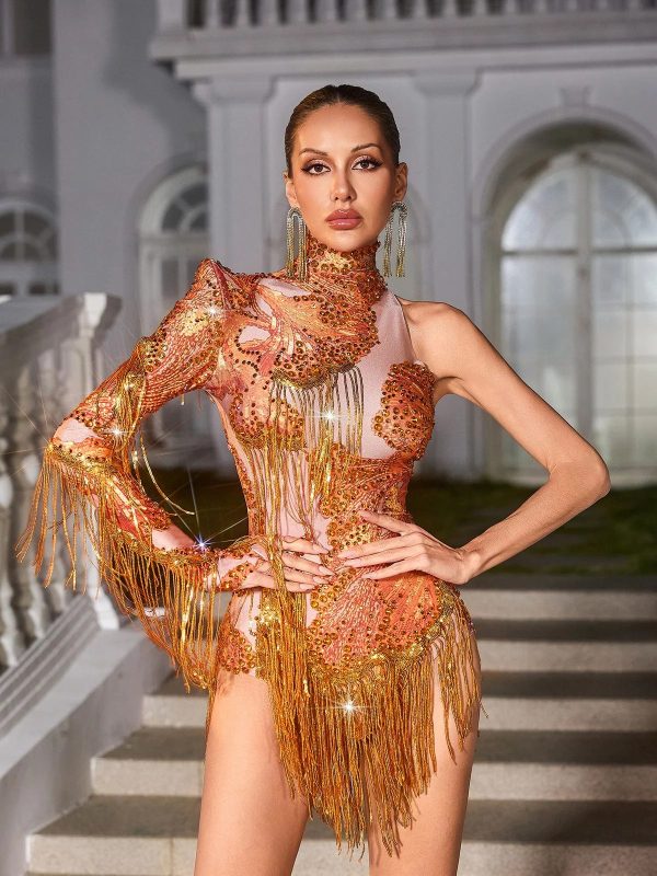 shatora one shoulder rhinestone fringe bodysuit in orange 13