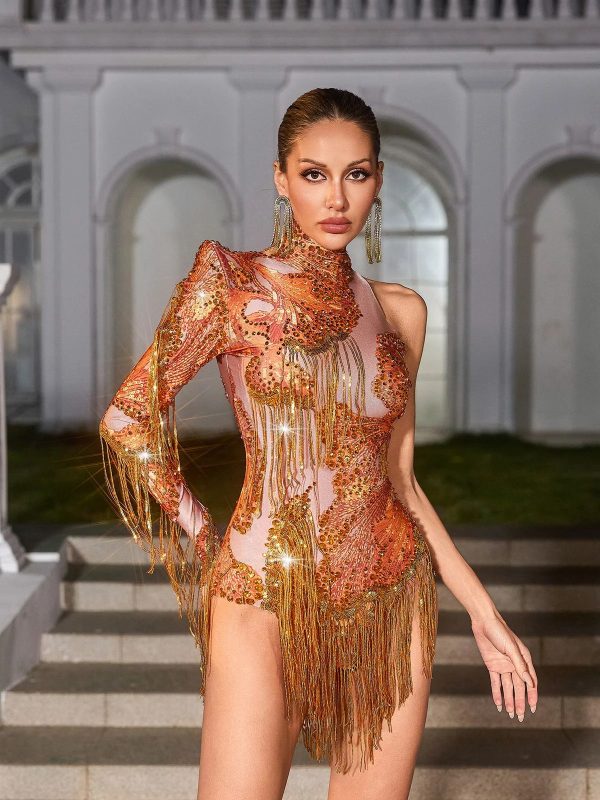 shatora one shoulder rhinestone fringe bodysuit in orange 15