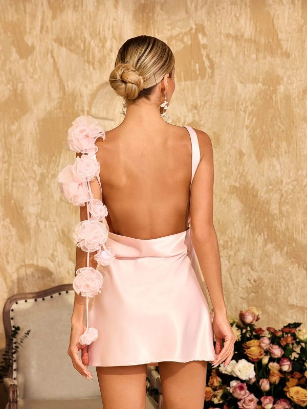 aevorix backless flower satin mini dress in pink 16