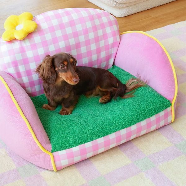 charming pink checkered washable dog & cat sofa bed 13