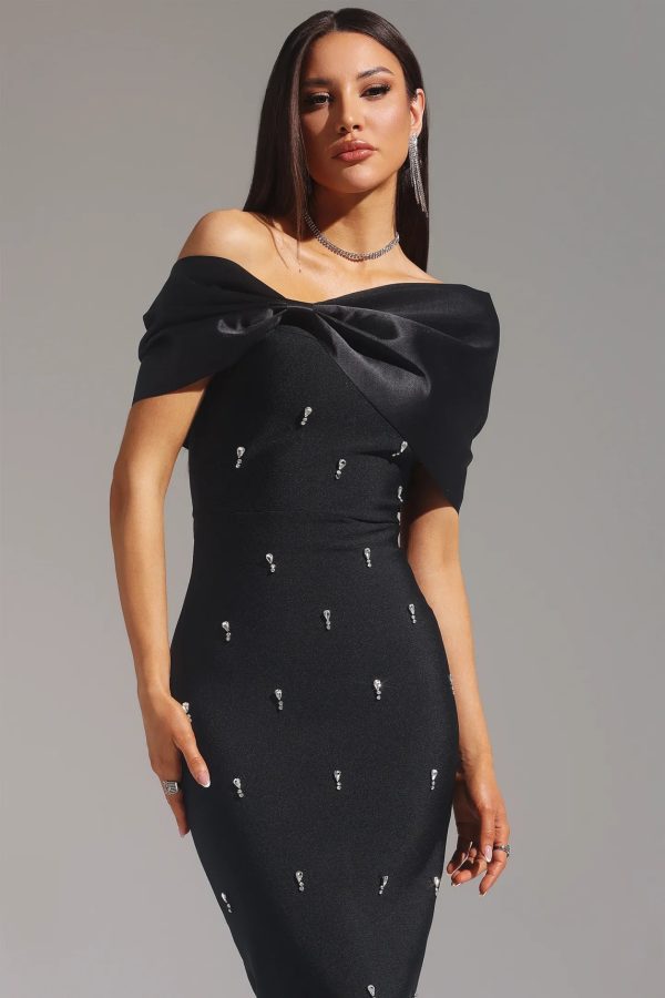 palez sleeveless one shoulder diamond bow bandage maxi dress in black 14