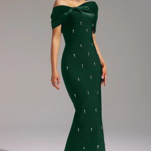 palez sleeveless one shoulder diamond bow bandage maxi dress in green 11