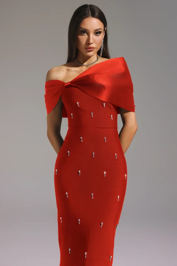 palez sleeveless one shoulder diamond bow bandage maxi dress in red 12