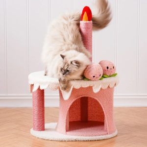 strawberry birthday cake cat tree & condo house with squeaky toys 11