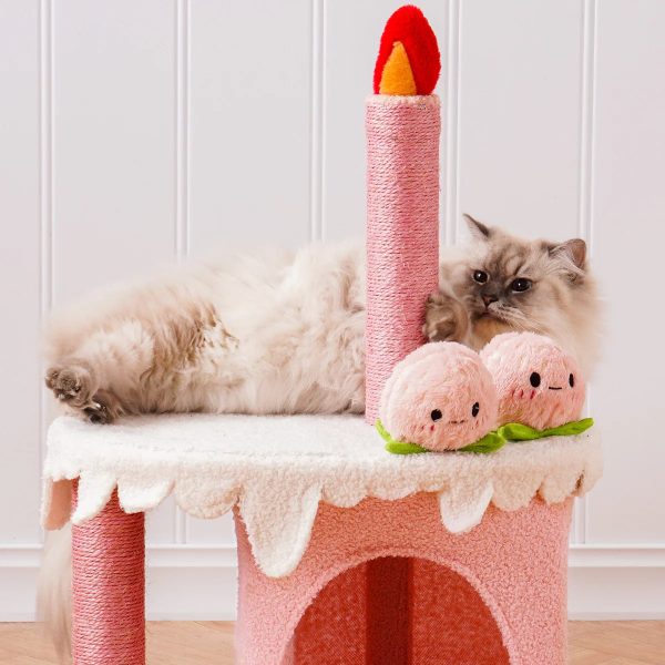 strawberry birthday cake cat tree & condo house with squeaky toys 12