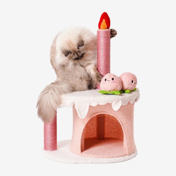 strawberry birthday cake cat tree & condo house with squeaky toys 17