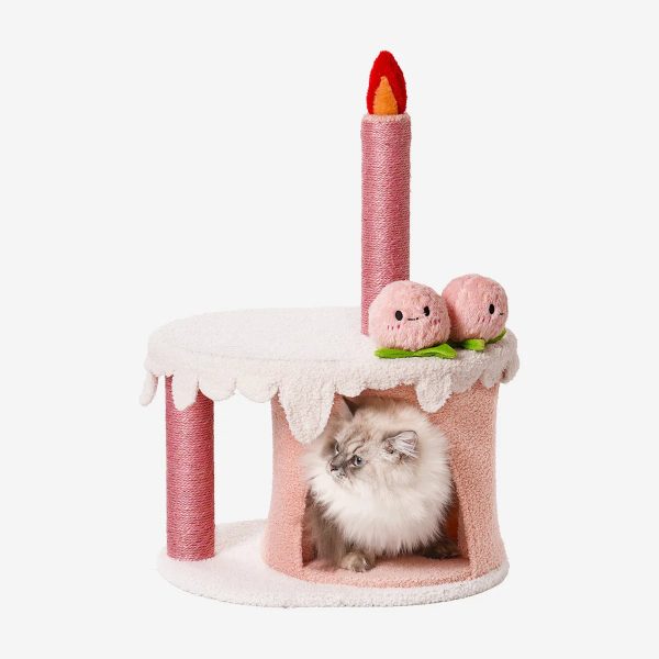 strawberry birthday cake cat tree & condo house with squeaky toys 18