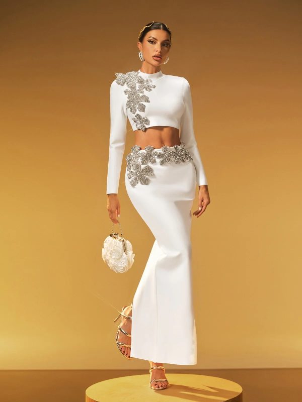 almira long sleeve flower bandage skirt set in white 12