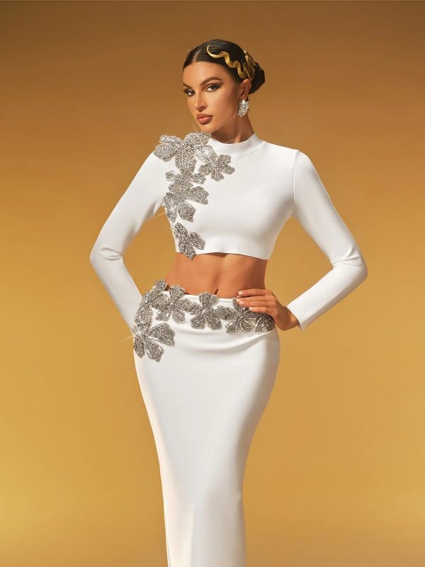 almira long sleeve flower bandage skirt set in white 13