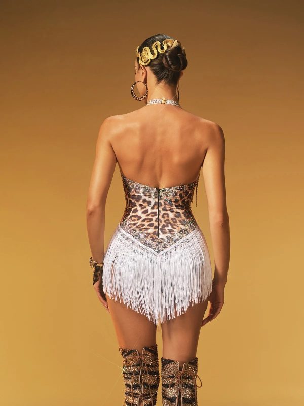 azhor halterneck rhinestone fringe leopard bodysuit in white 16
