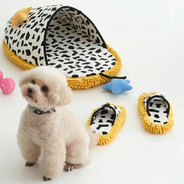 cow print plush pet bed & matching slippers set 12