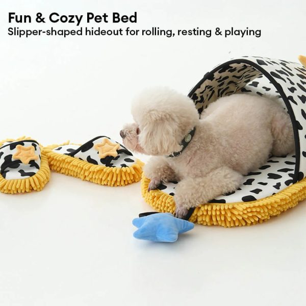 cow print plush pet bed & matching slippers set 16