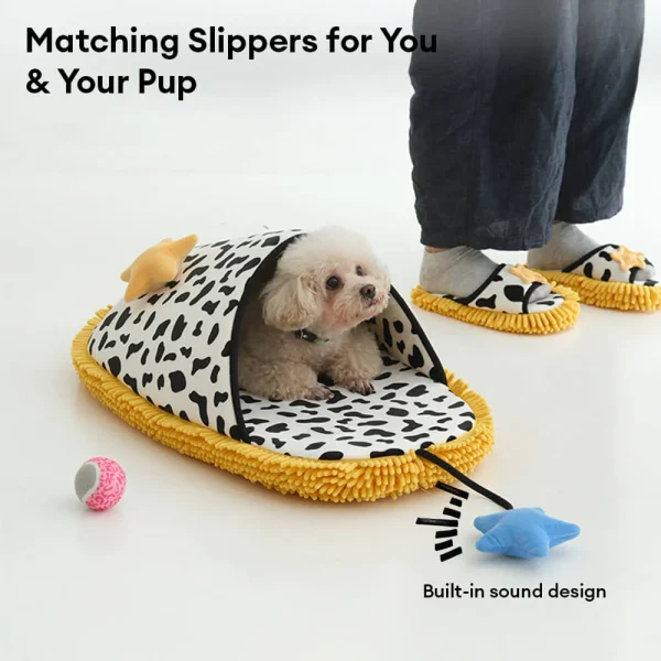 cow print plush pet bed & matching slippers set 21