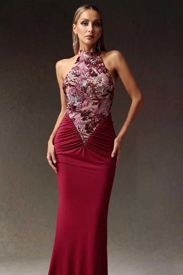 eldrin backless floral ruched maxi dress in wine red 12