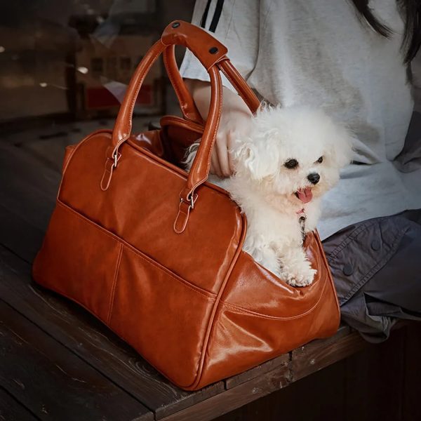 faux leather portable car console pet carrier bag for small dogs 12