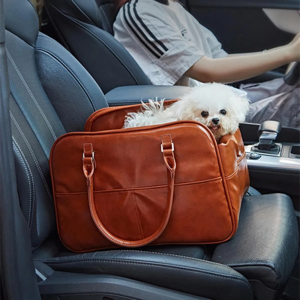 faux leather portable car console pet carrier bag for small dogs 13