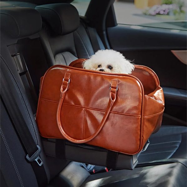 faux leather portable car console pet carrier bag for small dogs 14