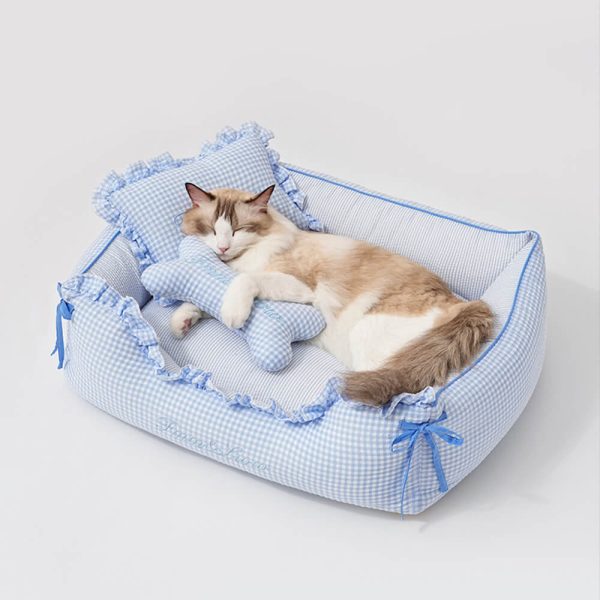 soft gingham washable dog & cat sofa bed with pillows 15