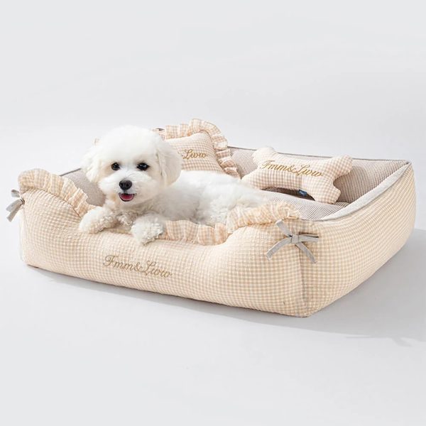 soft gingham washable dog & cat sofa bed with pillows 23