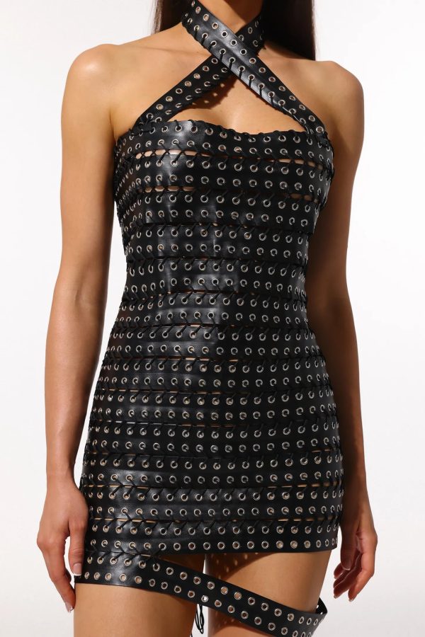 andrea sling halter sleeveless strap artificial leather mini dress 15
