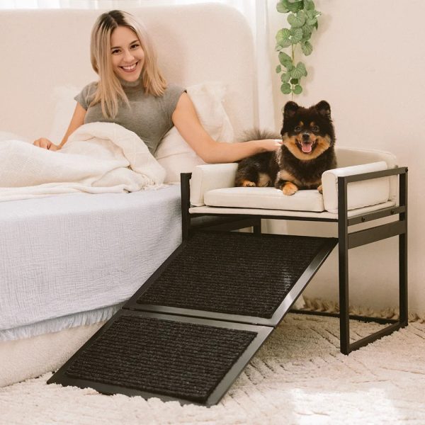elevated pet sofa bed with stairs ramp for bedside lounge & dog window perch 23