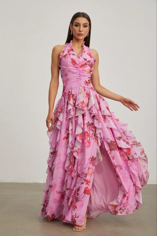 eulalie pink petal ruffled halter maxi dress 13