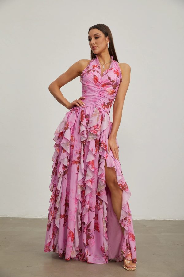 eulalie pink petal ruffled halter maxi dress 16