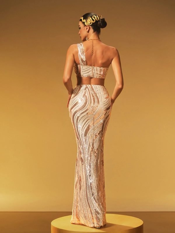 jaelthar one shoulder sequin skirt set in apricot 16
