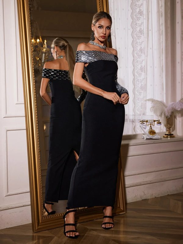 nacala one shoulder rhinestone bandage maxi dress 12