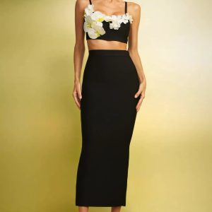olga flowers slim bandage maxi set in black 11