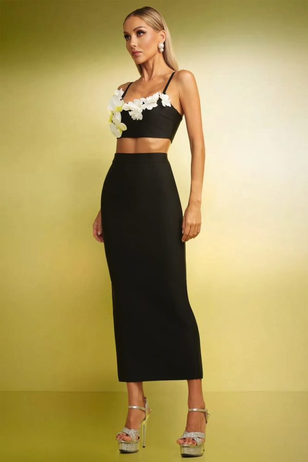 olga flowers slim bandage maxi set in black 14