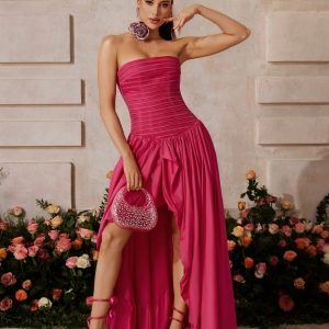 rexmir strapless ruched maxi dress in hot pink 11 rexmir strapless ruched maxi dress in hot pink 11
