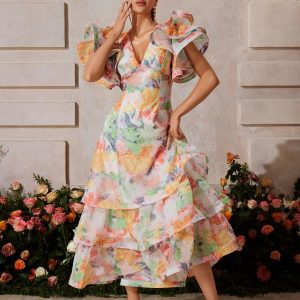 rivyn v neck floral printed maxi dress in orange 11