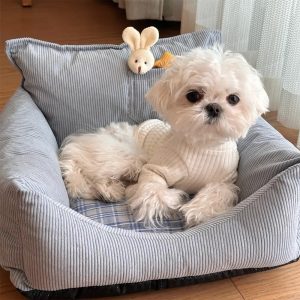 rustic corduroy plaid patchwork dog sofa bed with toy 11