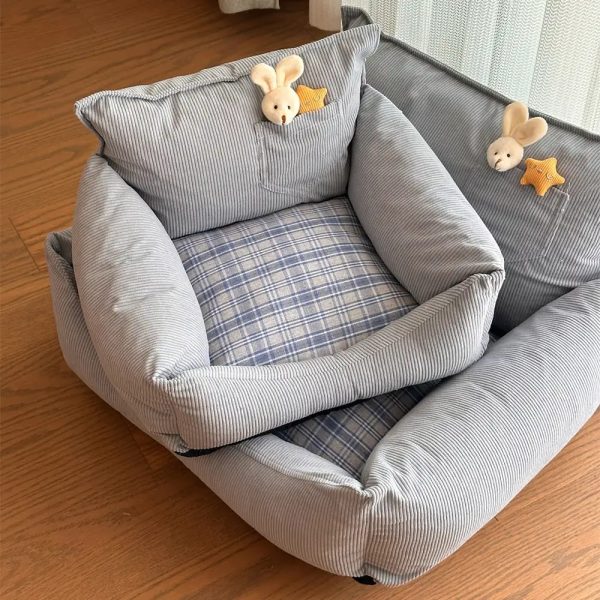 rustic corduroy plaid patchwork dog sofa bed with toy 14