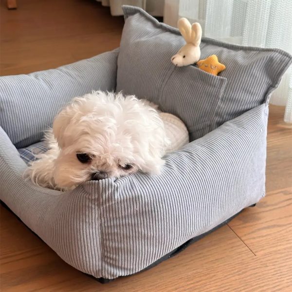rustic corduroy plaid patchwork dog sofa bed with toy 16
