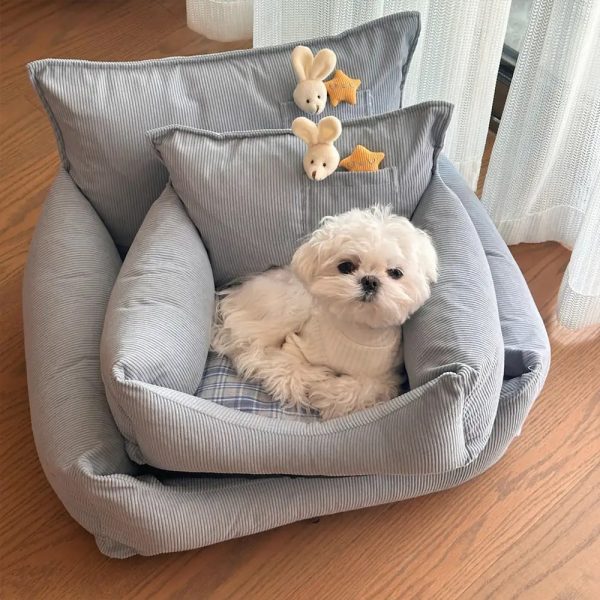 rustic corduroy plaid patchwork dog sofa bed with toy 17