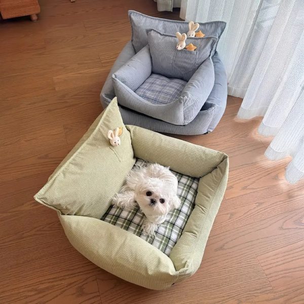 rustic corduroy plaid patchwork dog sofa bed with toy 19
