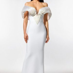 sharina off the shoulder pearl bandage maxi dress 11