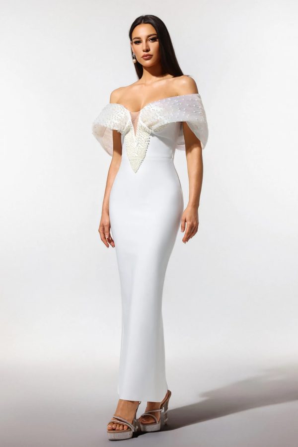 sharina off the shoulder pearl bandage maxi dress 13