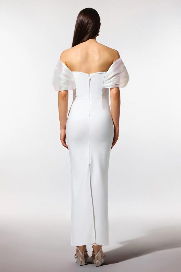 sharina off the shoulder pearl bandage maxi dress 16