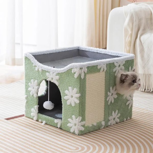 soft plush foldable dual level cat house with scratch board 12