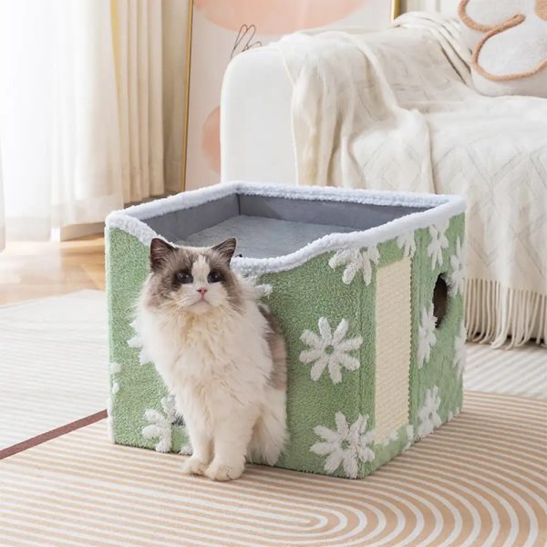 soft plush foldable dual level cat house with scratch board 14