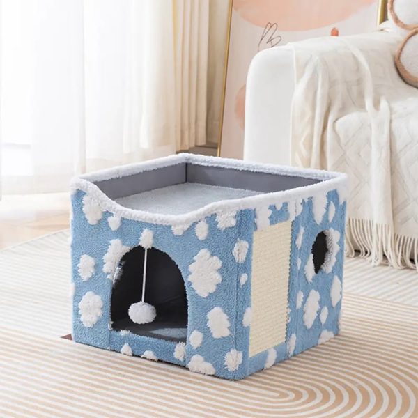 soft plush foldable dual level cat house with scratch board 15