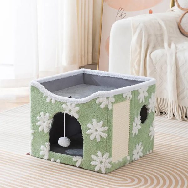 soft plush foldable dual level cat house with scratch board 16