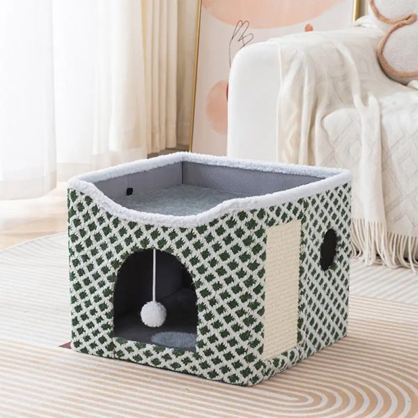 soft plush foldable dual level cat house with scratch board 18