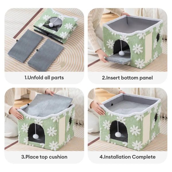 soft plush foldable dual level cat house with scratch board 20